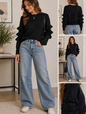 Line & Dot Black Ruffle Sleeve Knit Sweater XS